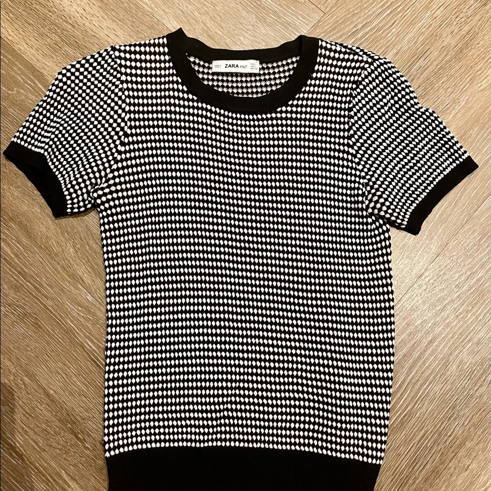 ZARA Stretchy Knit Crew Top burgundy, cream, black
